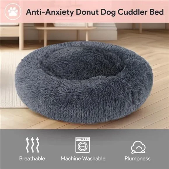 24" Calming Dog Bed for Medium Small Dogs, Donut Plush Pet Bed, Anti-Anxiety - Picture 5 of 7